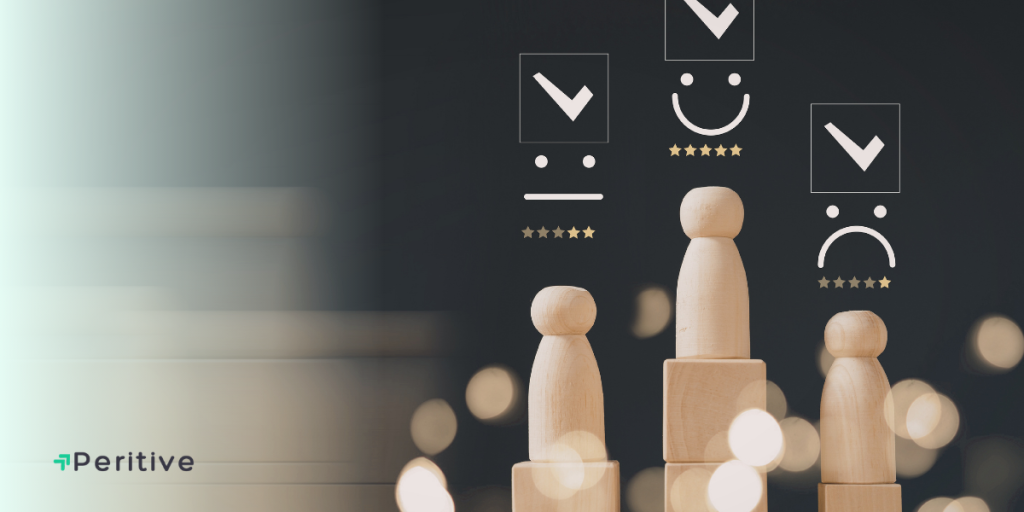 Wooden figures representing customer feedback with neutral, happy, and sad icons.