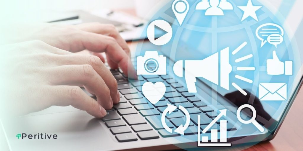 Photo of hands on a laptop with an overlay of different app icons